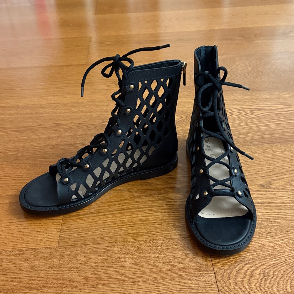Dior Black Cutout Lace-Up Sandals - Picture 8 of 12